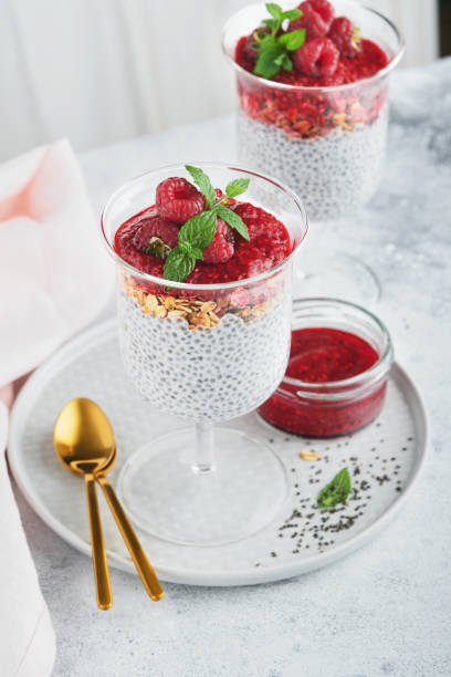 istock Chia pudding. Healthy vanilla chia pudding in glass with fresh raspberries and mint on white background. Vegan healthy breakfast. 1430032319
