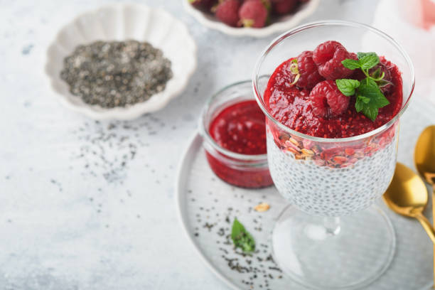 istock Chia pudding. Healthy vanilla chia pudding in glass with fresh raspberries and mint on white background. Vegan healthy breakfast. 1430032338