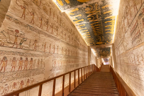 Tomb of Ramses V and Ramses VI (KV9), Valley of the Kings, Egypt Valley of the Kings, Luxor, Egypt - July 22, 2022: The tomb of Ramses V and Ramses VI is also known as KV9. Tomb KV9 was originally constructed by Pharaoh Ramesses V. He was interred here, but his uncle, Ramesses VI, later reused the tomb as his own.

The tomb has some of the most diverse decoration in the Valley of the Kings. Its layout consists of a long corridor, divided by pilasters into several sections, leading to a pillared hall, from which a second long corridor descends to the burial chamber. pharaonic tomb stock pictures, royalty-free photos & images