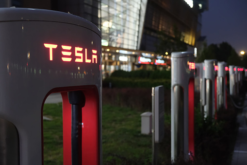 Beijing,China-September 11th 2022: a row of Tesla charging piles at charging station