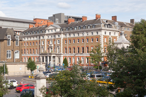 Exterior view of the Hambleden Wing, the main entrance to King's College Hospital, in Denmark Hill, Camberwell, South London.