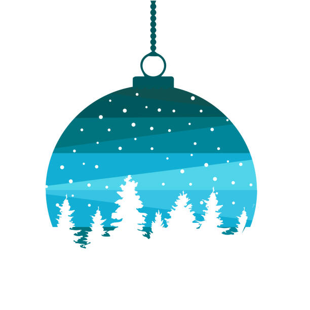 ilustraciones, imágenes clip art, dibujos animados e iconos de stock de bola de navidad con un paisaje invernal sobre un nevado - christmas christmas tree snowing blue