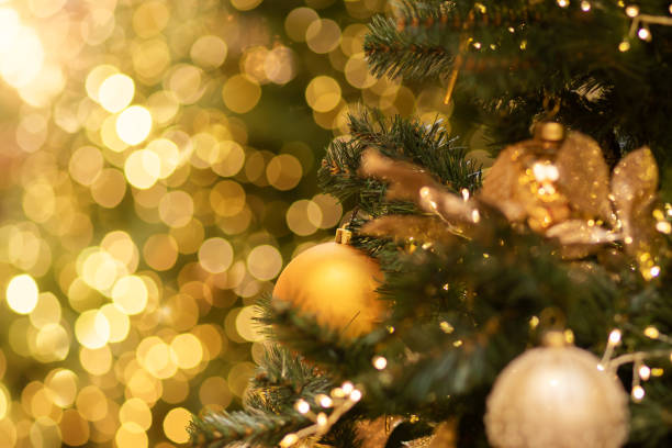 istock christmas tree background,atmospheric bokeh lights with balls and christmas tree decorations 1430035172