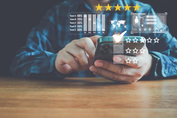 Customer review satisfaction feedback survey concept, User give rating to service experience on online application, Customer can evaluate quality of service leading to reputation ranking of business.