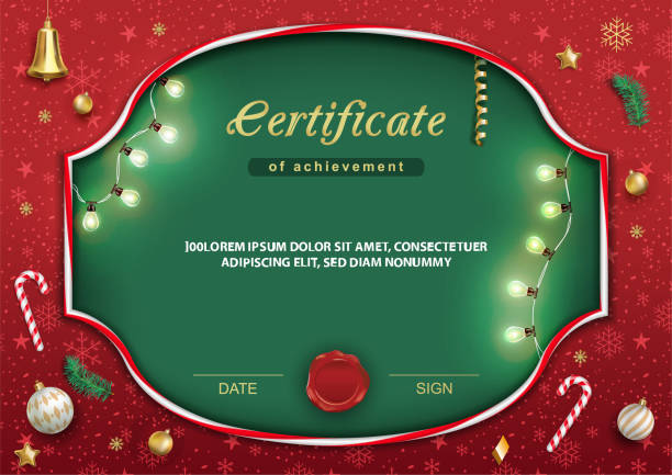 illustrazioni stock, clip art, cartoni animati e icone di tendenza di certificato rosso verde natale. sfondo natalizio con luci, canna da zucchero, campana, palline di natale. illustrazione vettoriale - holiday christmas backgrounds bell