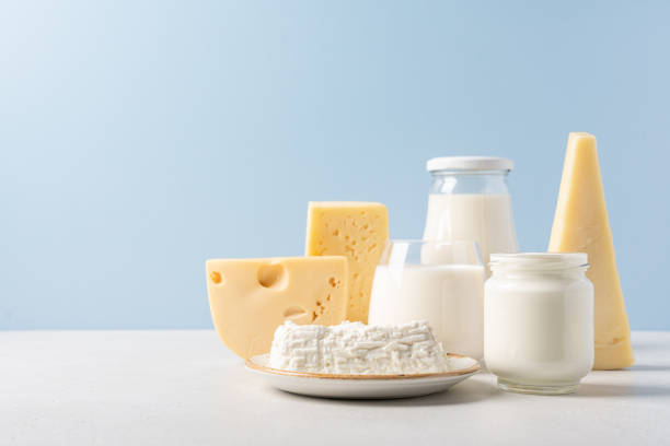 istock Variety of dairy products on blue background 1430037701