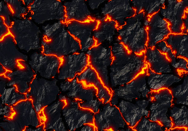 istock Realistic lava flame on black ash background. Texture of molten magma surface 1430040999