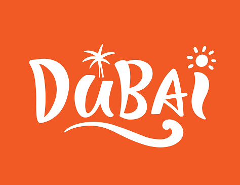Dubai City vector lettering banner. Tourist logo, modern calligraphy. Arabic style word for postcard, poster, postcard, website, t shirt design, advertising.