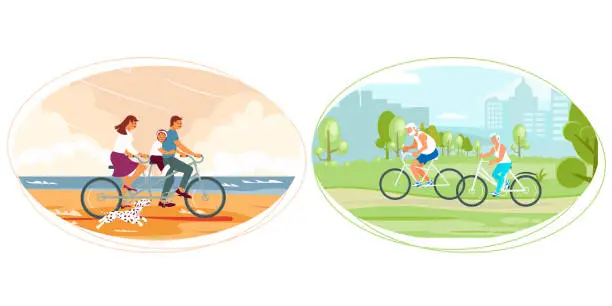 Vector illustration of Set of different cyclist in various situations