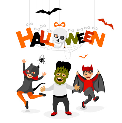 Halloween party and kids costumes. Template card with kids in Halloween costumes.