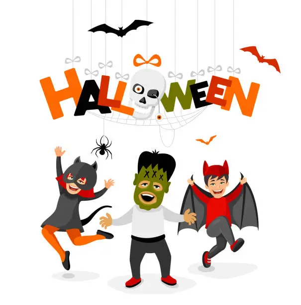 Vector illustration of Halloween party and kids costumes. Template card with kids in Halloween costumes.