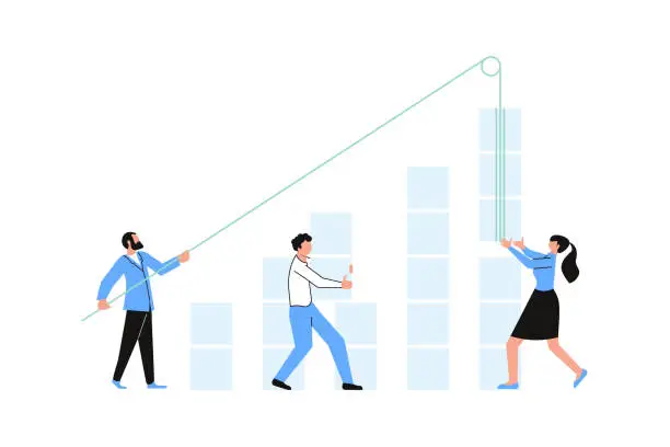 Vector illustration of Coworkers work together on a business plan and bild a graph