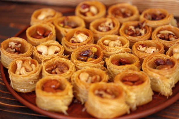 istock Turkish baklava dessert with honey, close up 1430049402