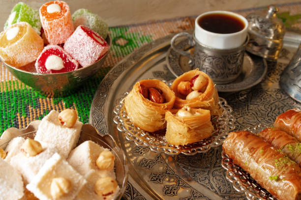 istock Turkish Coffee served with Turkish Delight on metal tray 1430049463