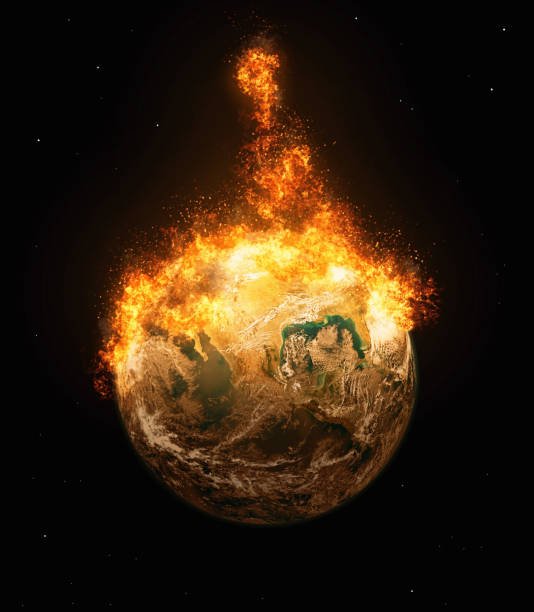 Burning Planet Earth represents climate change or war stock photo