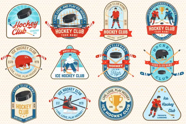 Vector illustration of Ice Hockey club logo, badge embroidered patch. Concept for shirt or logo, print, stamp or tee. Winter sport. Vintage typography design with player, sticker, puck and skates silhouette. Vector.