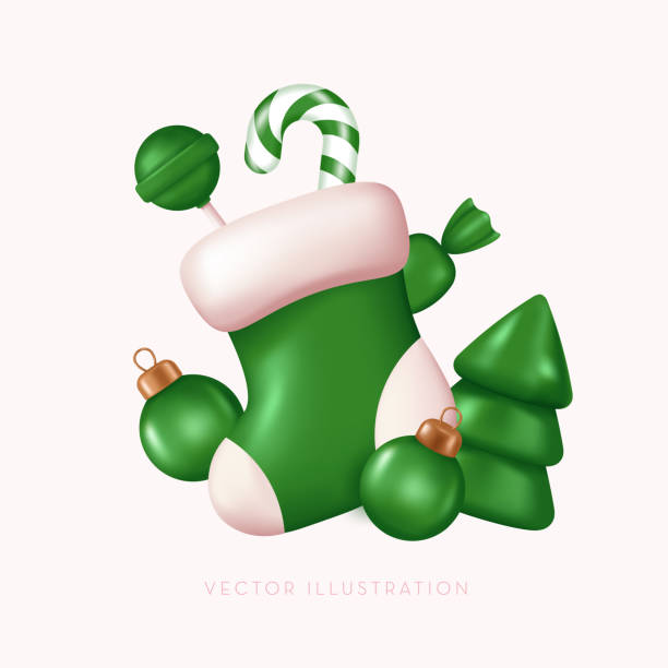 istock Christmas composition with green sock, candies and glass balls. Vector Illustration in realistic 3D style 1430050016