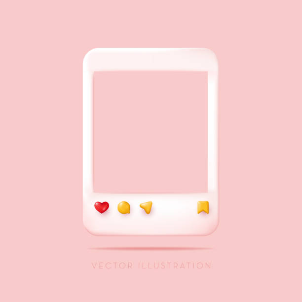 Social media photo frame with love, comment, share and save icon, sending messages, save icons. Vector illustration in minimal 3D style Social media photo frame with love, comment, share and save icon, sending messages, save icons. Vector illustration in minimal 3D style storyboard template stock illustrations