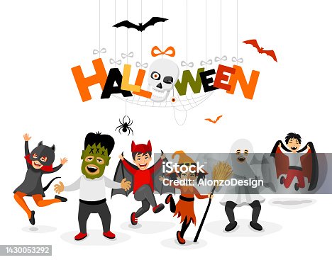 istock Halloween party and kids costumes. Template card with kids in Halloween costumes. 1430053292