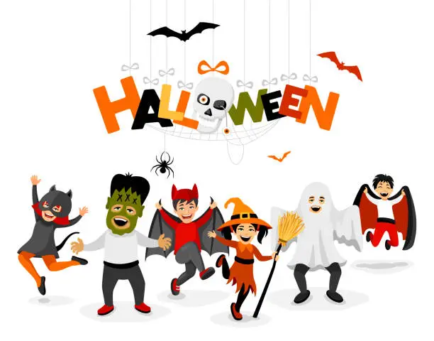 Vector illustration of Halloween party and kids costumes. Template card with kids in Halloween costumes.
