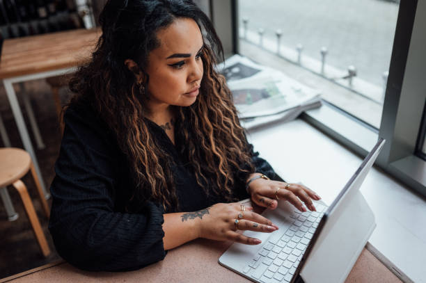 istock Woman working remotely from a cafe 1430053573
