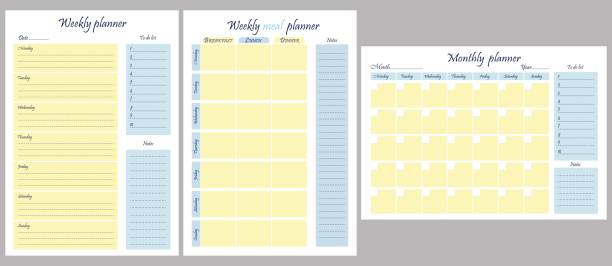 컬렉션 월간 및 주간 플래너 주최자, 주간 식사 플래너, 계획, 할 일 목록 및 메모. 벡터 일러스트레이션. 노란색 - 파란색의 가로 및 세로 템플릿 - dieting planning calendar event stock illustrations