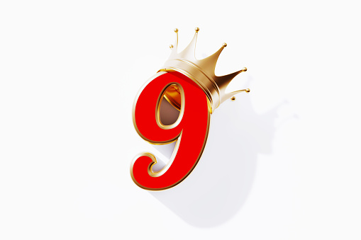 Number nine with gold crown isolated on white background. Horizontal composition with clipping path and copy space.