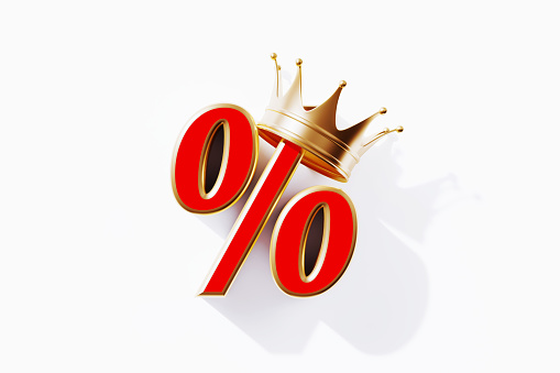 Percentage sign wearing gold crown isolated on white background. Horizontal composition with clipping path and copy space.