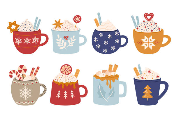 Christmas hot drinks Christmas hot drinks with whipped cream hats in cute mugs. Set of winter vector objects. Holiday illustration. hot chocolate stock illustrations