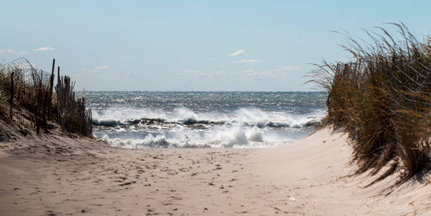 istock View of walking down the beach with a rough Atlantic Ocean 1430061870