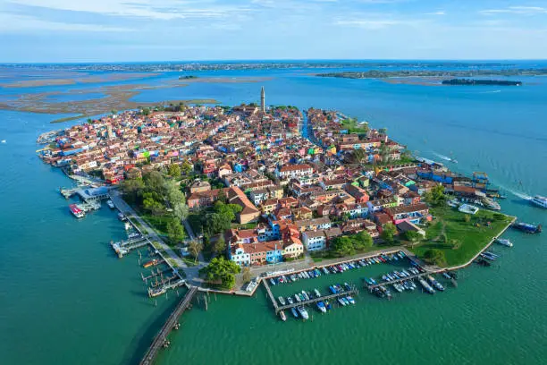 Aerial view of the island of Burano. Burano is one of the islands of Venice, famous for its colorful houses. Burano, Venice - October 2022