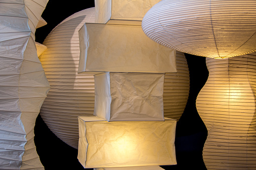 Hanging paper lamps and lanterns in a design store