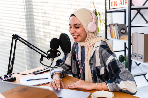 istock Muslim Female podcaster live streaming show 1430062244