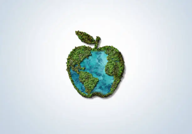 Green apple- World Food Day Concept. World food day 3d concept- earth in apple shape. Food Day conceptual background.