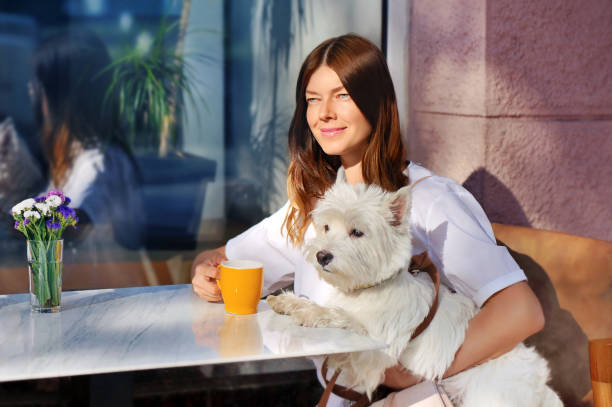 retrato de perto de uma mulher tomando café com seu cachorro - starbucks women walking restaurant - fotografias e filmes do acervo