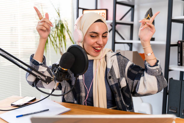 istock Muslim Female podcaster live streaming show 1430068944