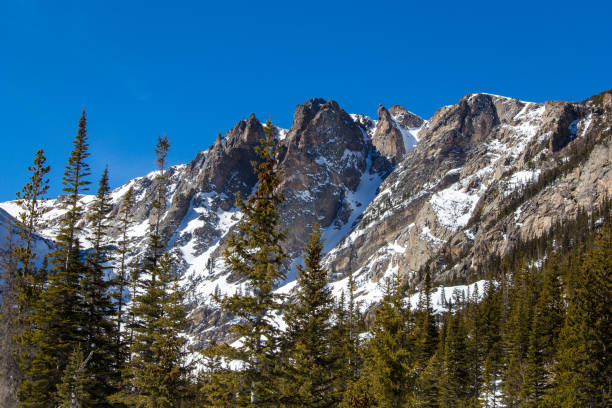 Views during a hike in the Rocky Mountains National Park to Dream Lake. Taken during the winter with frozen lakes and fresh snow on the ground.