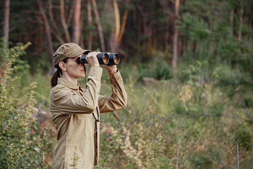 Una mujer guardaparques uniformada mira a través de binoculares y monitorea el área del bosque en verano, enfoque selectivo. photo