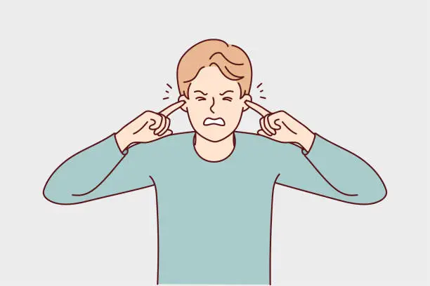 Vector illustration of Unhappy man close ears suffer from noise