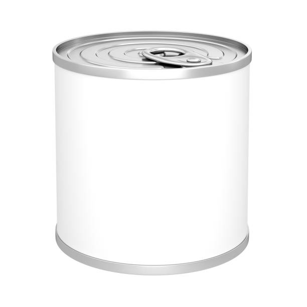modello di lattina con coperchio a buccia e con adesivo bianco vuoto su sfondo bianco - can canned food container cylinder foto e immagini stock