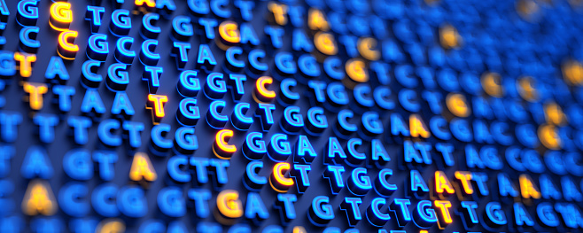 Futuristic 3d background with DNA sequencing ATGC. Nucleic acid sequence. Genetic research. 3d illustration.