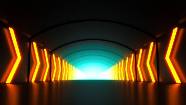Digital cyber tunnel with neon glowing direction arrows