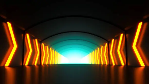 Photo of Digital cyber tunnel with neon glowing direction arrows