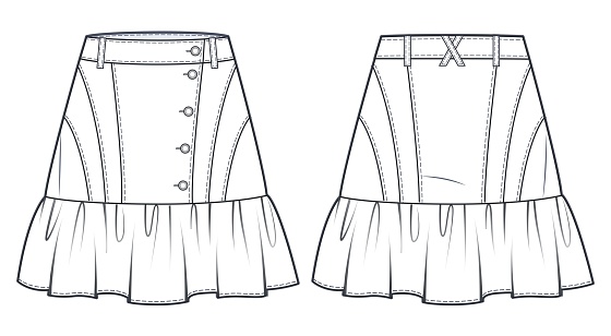 Ruffled mini Skirt technical fashion illustration. Women's denim Skirt fashion flat drawing template, ruffled, mini lengths, button up, front and back view, white, CAD mockup.
