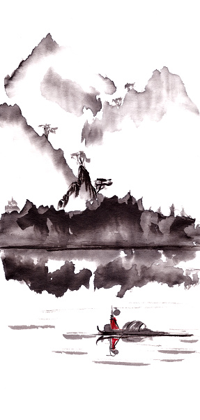 mountain lake landscape with boat and reflections Chinese style ink painting on rice paper. High quality illustration