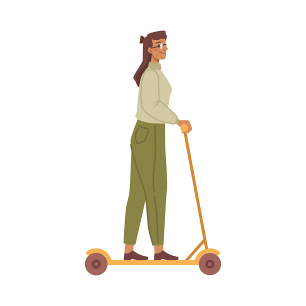 istock Electric scooter means of commuting, ecologically friendly transport. Isolated female character riding on board, sustainable vehicle. Vector in flat style 1430080028