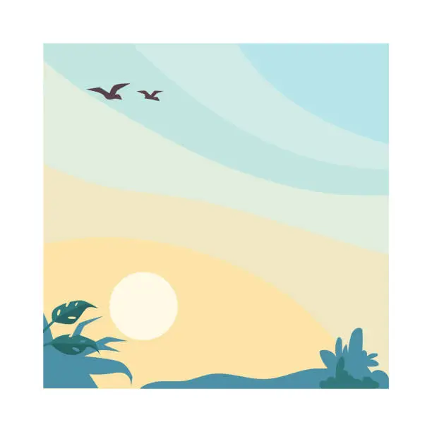 Vector illustration of Morning landscape and clear sky, flying bird and sunshine, tropical monstera plants and foliage. Nature scenery and rest. Vector in flat cartoon style