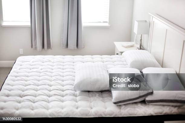 Bedroom Without Sheets Stock Photo - Download Image Now - Mattress, Bed - Furniture, Bedding