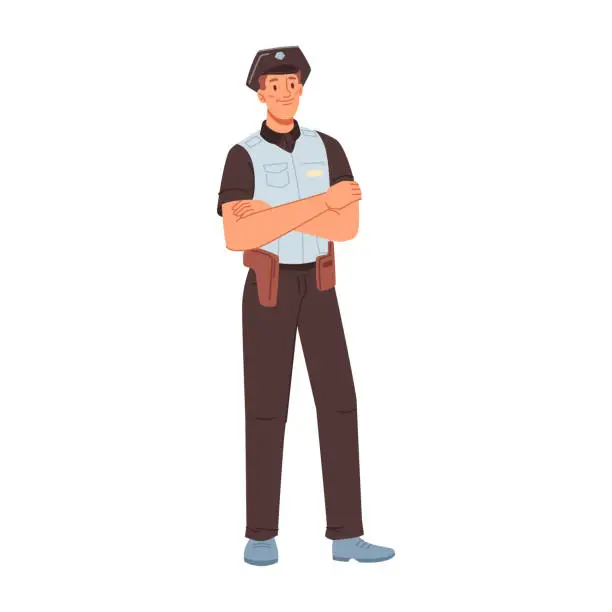 Vector illustration of Man wearing policeman uniform, possessing gun. Isolated police force member with power. Officer or bobby. Personage or character, vector in flat cartoon style