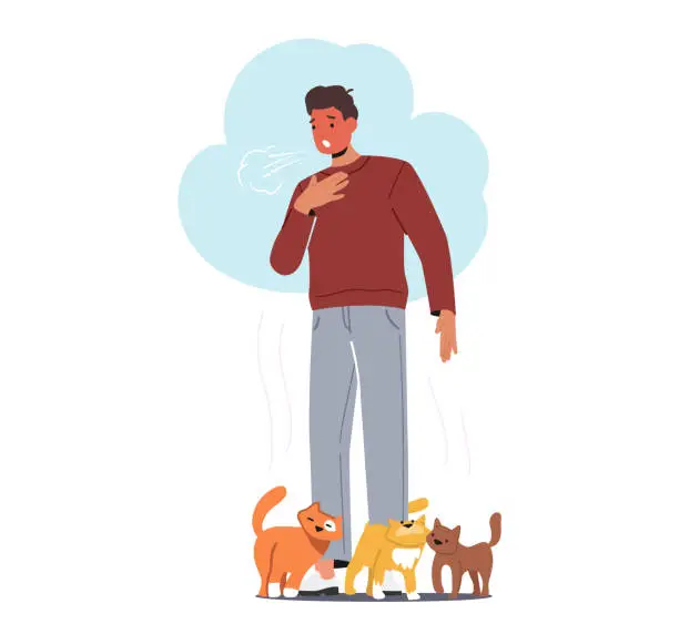 Vector illustration of Man With Cat Fur Allergy , Male Character ,coughing With Runny Nose And Watery Eyes. Seasonal Disease, Causes Of Allergy